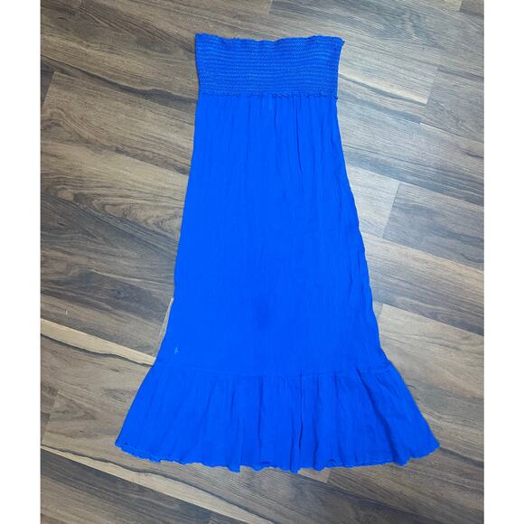 Ralph Lauren Women M Crinkle Smocked Strapless Dress Skirt Blue Beach Semi-Sheer - Picture 1 of 8